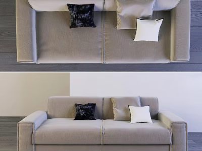 Light Beige Two Seater Sofa With Dark And Light Accent Pillows In Modern Living Interior 3d model