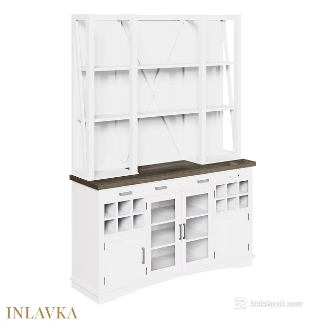 White Sideboard With Dark Wood Top Drawers Cabinet Doors And Open Shelves 3d model 