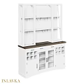 White Sideboard With Dark Wood Top Drawers Cabinet Doors And Open Shelves