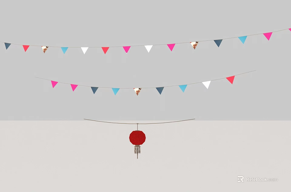 Colorful Triangular Bunting Flags And Red Lantern For Festive Hanging Decoration 3d model 