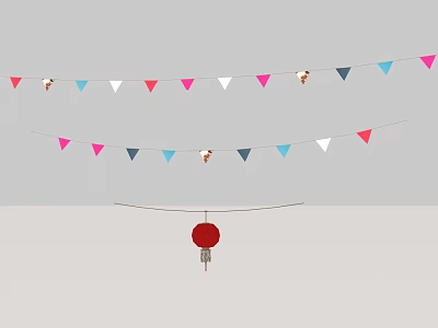 Colorful Triangular Bunting Flags And Red Lantern For Festive Hanging Decoration 3d model