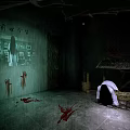 Spooky Horror Room With Long Haired Ghost Poster Wooden Door Blood Stain And Kneeling Figure