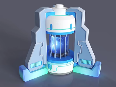 Modern Commercial Equipment With Blue Lighting Transparent Cylinder And Angular White Blue Supporting Structure 3d model