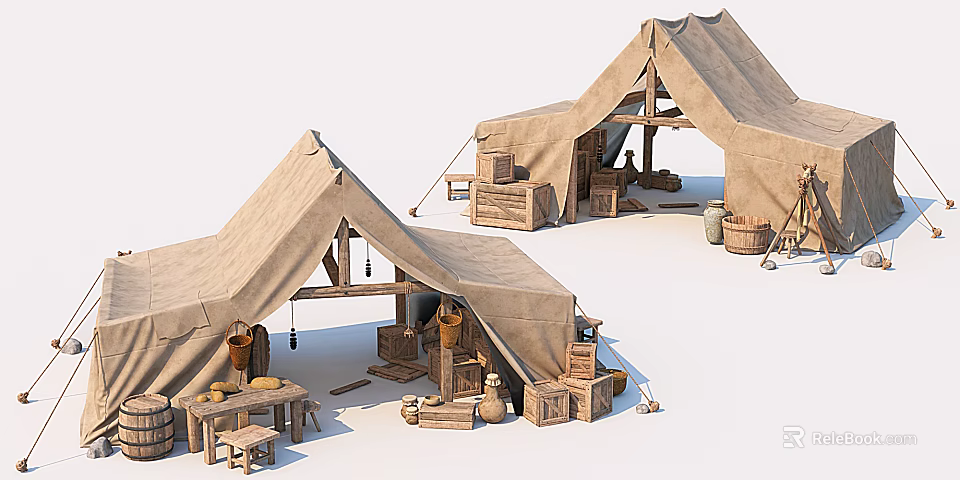 Two Canvas Tents With Wooden Furniture Clay Pots And Crates In Campsite 3d model 