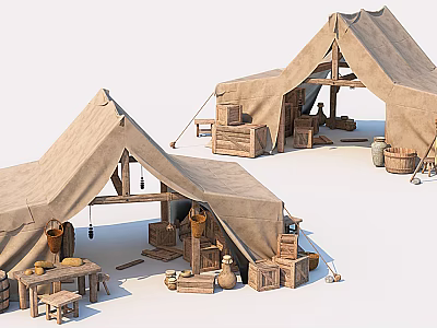 Two Canvas Tents With Wooden Furniture Clay Pots And Crates In Campsite 3d model
