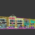 Vibrant Commercial Street with Coffee Shop Bakery Music Zone Outdoor Seating and Storefronts