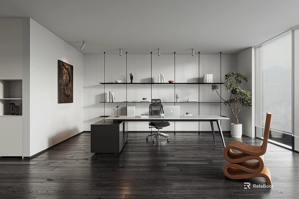 Modern Office Interior With Dark Wood Desk Open Shelves Green Plant Artwork And Natural Light 3d model 