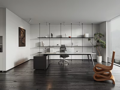 Modern Office Interior With Dark Wood Desk Open Shelves Green Plant Artwork And Natural Light 3d model