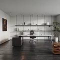 Modern Office Interior With Dark Wood Desk Open Shelves Green Plant Artwork And Natural Light