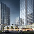 Modern High Rise Office Buildings With Central Green Spaces And Urban Plaza