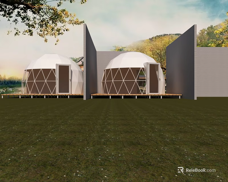 Dome Shaped Boutique Guesthouse Building On Lush Grassland With Natural Scenery And Trees 3d model 