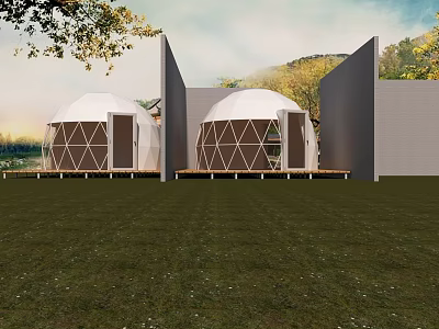 Dome Shaped Boutique Guesthouse Building On Lush Grassland With Natural Scenery And Trees 3d model