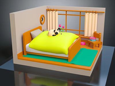 Cartoon Bedroom Scene With Yellow Quilt Panda Doll Small Table And Flowers 3d model