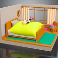 Cartoon Bedroom Scene With Yellow Quilt Panda Doll Small Table And Flowers