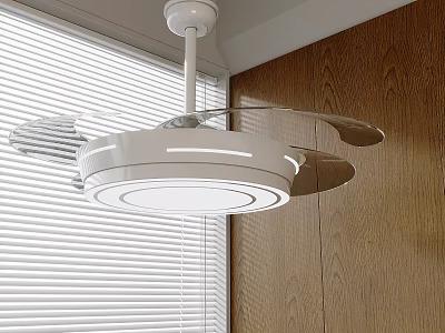 Modern Ceiling Air Conditioner Fan With Wooden Wall And Window Blinds In Room 3d model