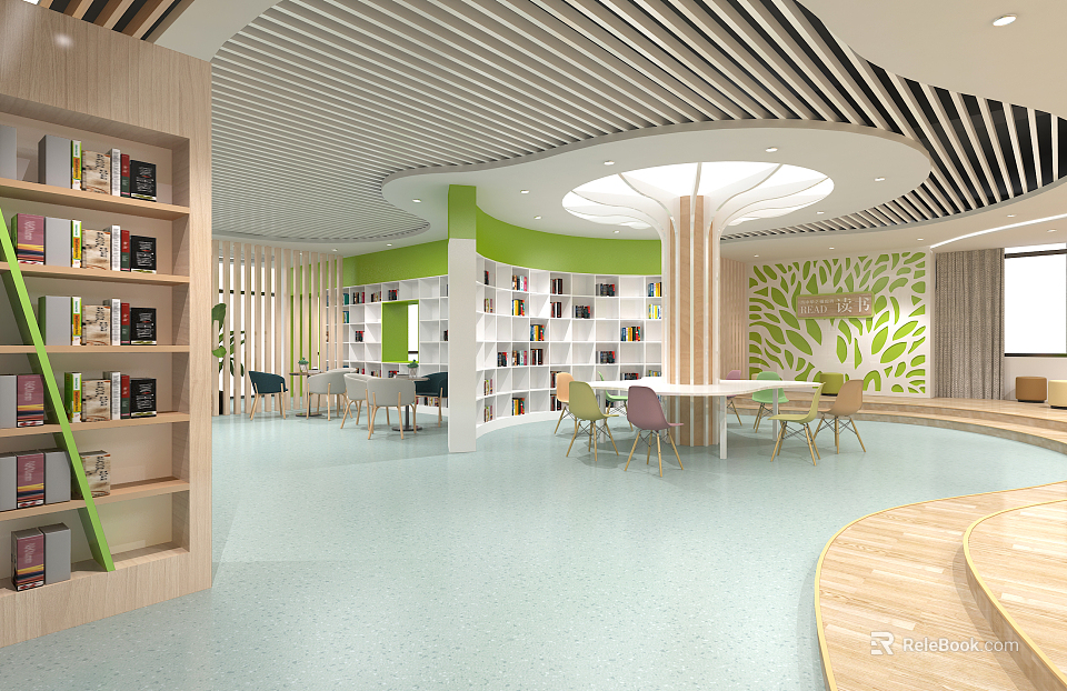 Book Art Inspired Modern Library Space With Green Walls Circular Light Bookshelves And Chairs 3d model 