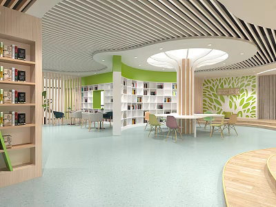 Book Art Inspired Modern Library Space With Green Walls Circular Light Bookshelves And Chairs 3d model