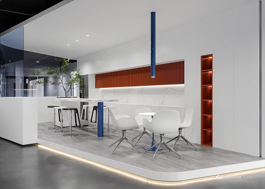 Modern Pantry Interior With White Walls Wooden Cabinets Tables Chairs Blue Pillar And Strip Lights 3d model 