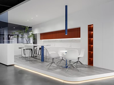 Modern Pantry Interior With White Walls Wooden Cabinets Tables Chairs Blue Pillar And Strip Lights 3d model
