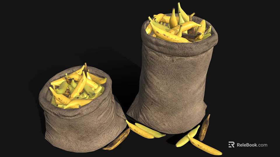 Fresh Ripe Bananas in Burlap Sacks with Scattered Fruits on Black Background 3d model 