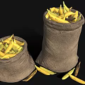 Fresh Ripe Bananas in Burlap Sacks with Scattered Fruits on Black Background