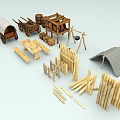 Garden Ornaments Featuring Wooden Barrels Carts Table Benches Fences And Tent