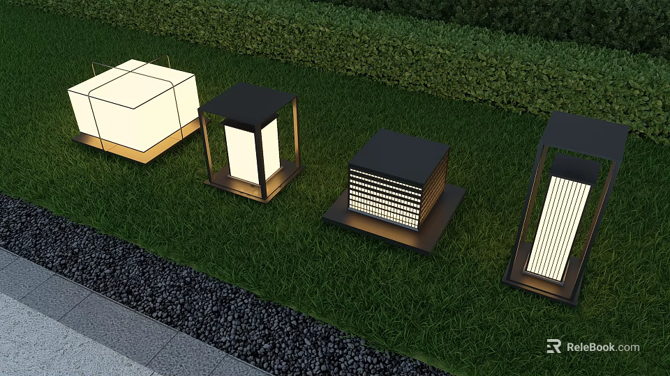 Modern Outdoor Lights With Various Designs On Green Lawn And Shrubs 3d model 
