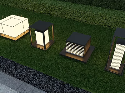 Modern Outdoor Lights With Various Designs On Green Lawn And Shrubs 3d model