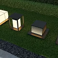 Modern Outdoor Lights With Various Designs On Green Lawn And Shrubs
