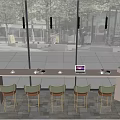Modern Long Bar Counter With Green Chairs And Large Windows Overlooking Trees