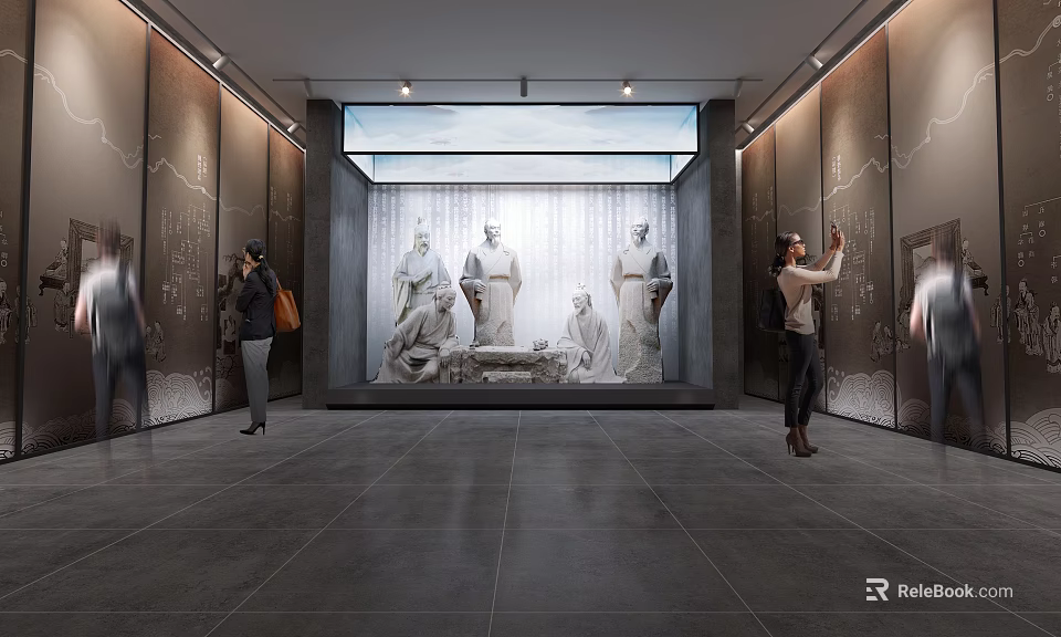 Modern Exhibition Hall Featuring Classical Statues And Visitors Viewing Artworks In Spacious Interior 3d model 