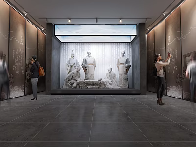 Modern Exhibition Hall Featuring Classical Statues And Visitors Viewing Artworks In Spacious Interior 3d model