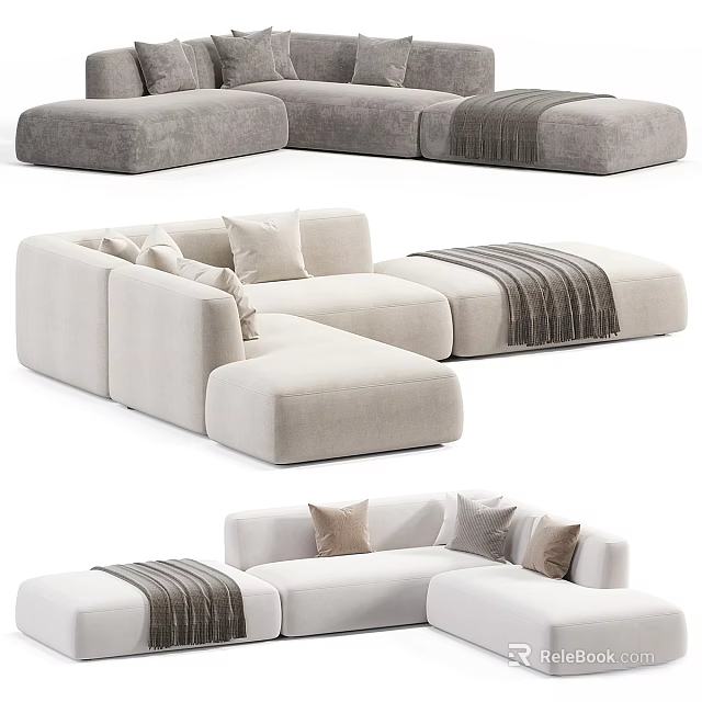 Modern Gray And Beige Double Sofa With Soft Pillows And Blanket Design 3d model 