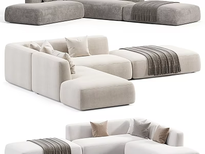 Modern Gray And Beige Double Sofa With Soft Pillows And Blanket Design 3d model