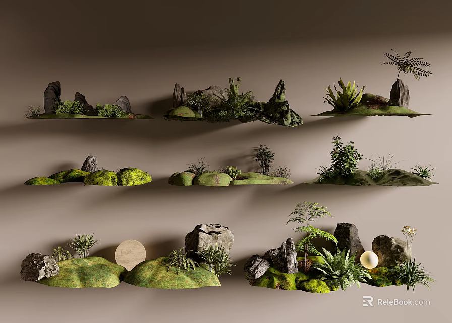 Natural Rock Moss Plant Decorative Scenes Collection 3d model
