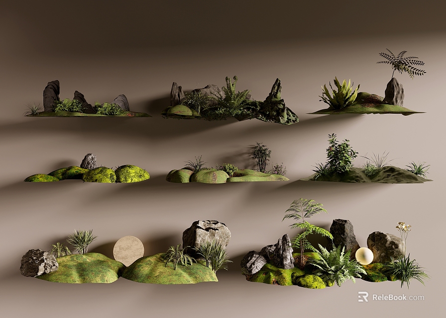 Natural Rock Moss Plant Decorative Scenes Collection 3d model 