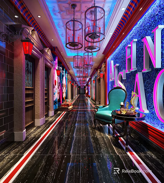 Elegant Elevator Hallway Design With Neon Lights Blue Chair And Red Decorations 3d model 