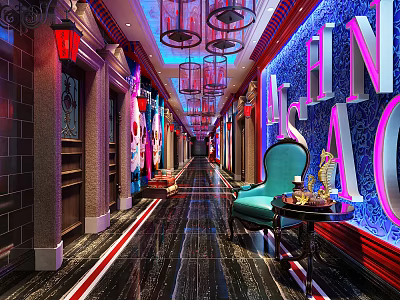 Elegant Elevator Hallway Design With Neon Lights Blue Chair And Red Decorations 3d model