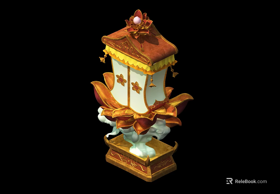 Traditional Decorative Lantern with Golden Red Accents Lotus Petal Design Red Finial and Ornate Base 3d model 