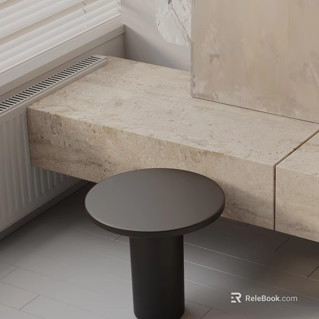 Modern Black Round Top Side Table With Cylindrical Leg And Light Colored Stone Countertop 3d model 