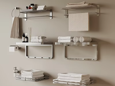 Bathroom Wall Shelves And Towel Racks With Folded Towels Toiletries And Toilet Paper 3d model