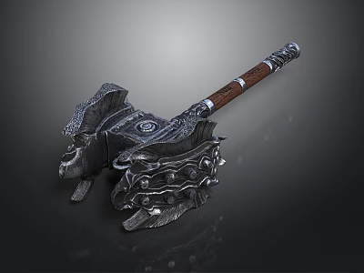 Ornate Metal Warhammer With Wooden Handle Intricate Patterns And Decorative Rivets 3d model