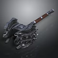 Ornate Metal Warhammer With Wooden Handle Intricate Patterns And Decorative Rivets