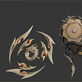 Ornate Golden Blades With Red Gemstones And Dragon Shield Design Weapons
