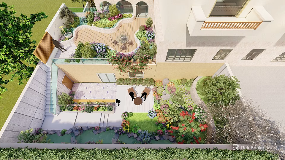 Lush Courtyard Garden Design With Diverse Greenery Colorful Flowers And Seating Area 3d model 
