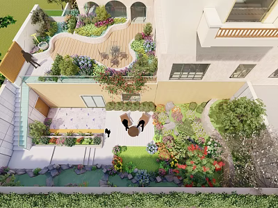 Lush Courtyard Garden Design With Diverse Greenery Colorful Flowers And Seating Area 3d model