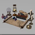 Magical Items Collection With Crystal Ball Hourglass Scrolls Candles Potion Bottles And Ancient Books