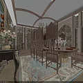 Medieval Dining Room Interior With Round Table Wooden Chairs And Stone Walls