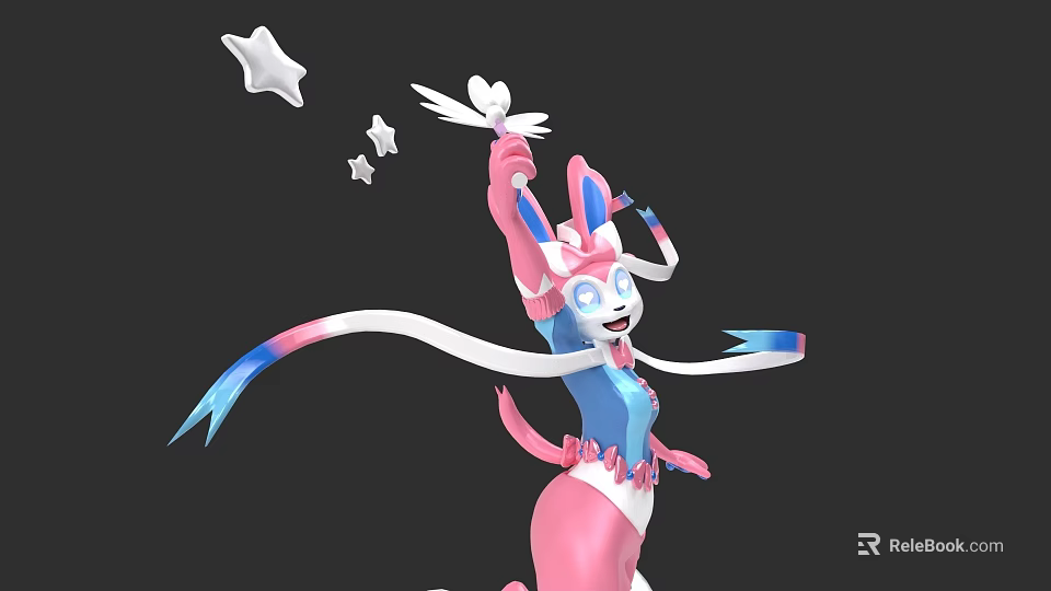 Colorful Cartoon Character With Pink Blue Body Long Ribbons White Bird And Stars 3d model 