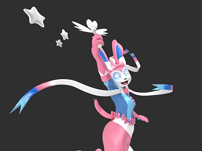 Colorful Cartoon Character With Pink Blue Body Long Ribbons White Bird And Stars 3d model